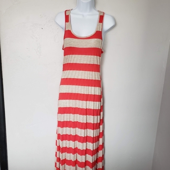 Green Apple Coral Beige Striped Maxi Dress Racerback Lightweight - Picture 1 of 8